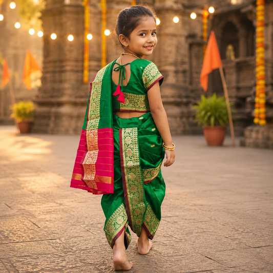 Back view of green Nauvari saree for kids showing traditional nine-yard Maharashtrian drape and pallu styling