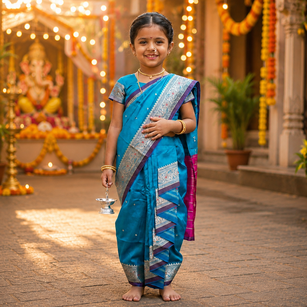 Sky blue kids Nauvari saree for baby girls, traditional Maharashtrian drape for festivals and photoshoots