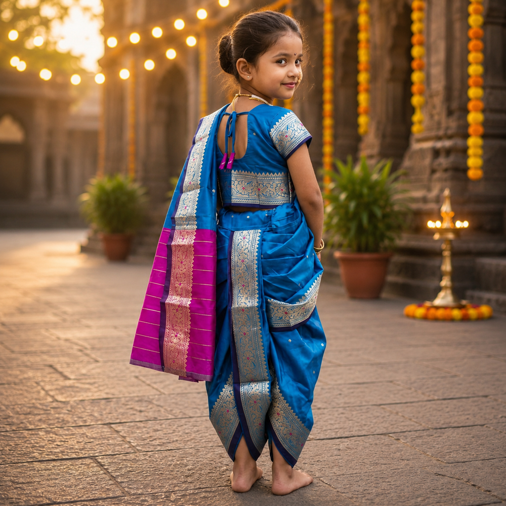 Close-up of sky blue Nauvari saree pallu and drape detail for kids traditional Maharashtrian saree