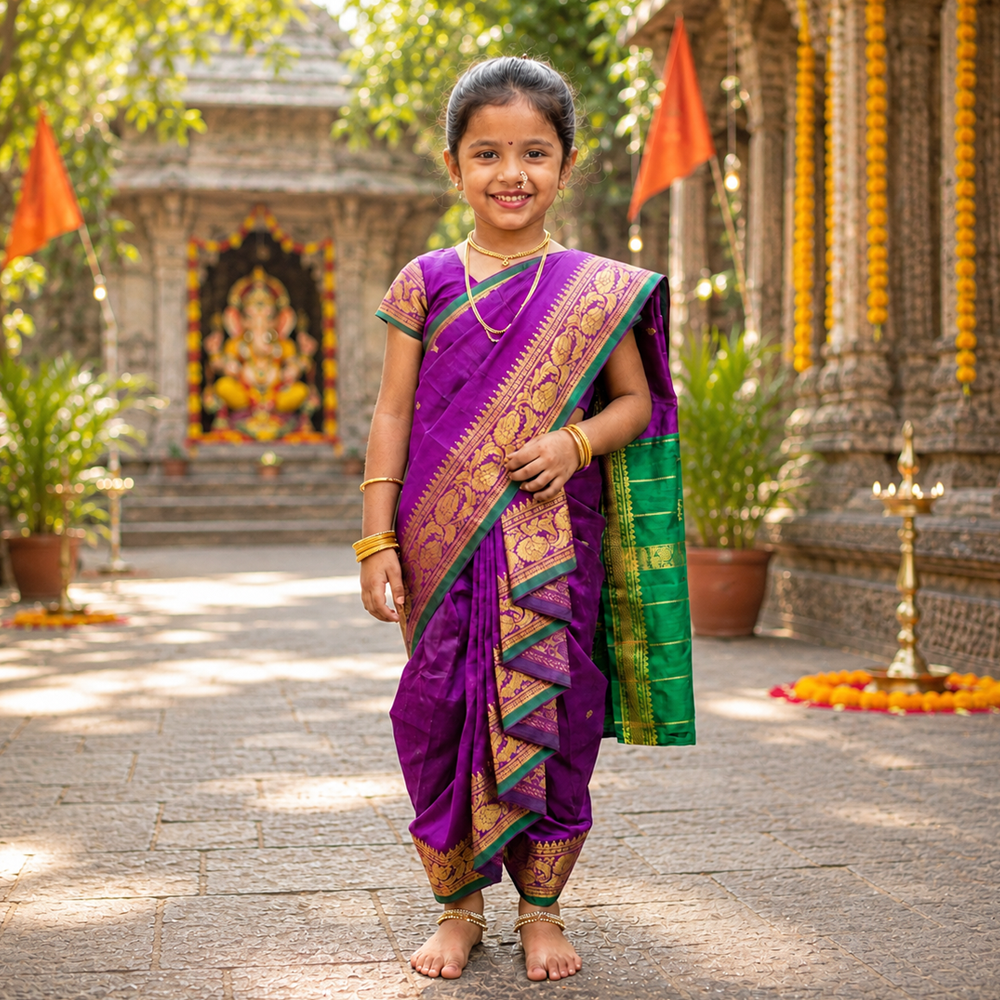Purple kids Nauvari saree for baby girls, traditional Maharashtrian dress for school and cultural programs