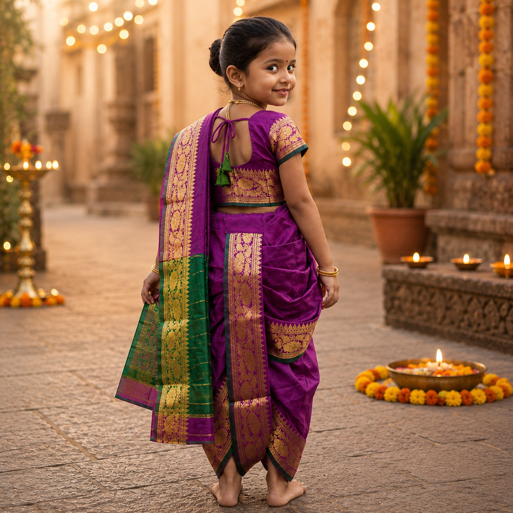 Back view of purple Nauvari saree for kids showing traditional Maharashtrian nine-yard drape