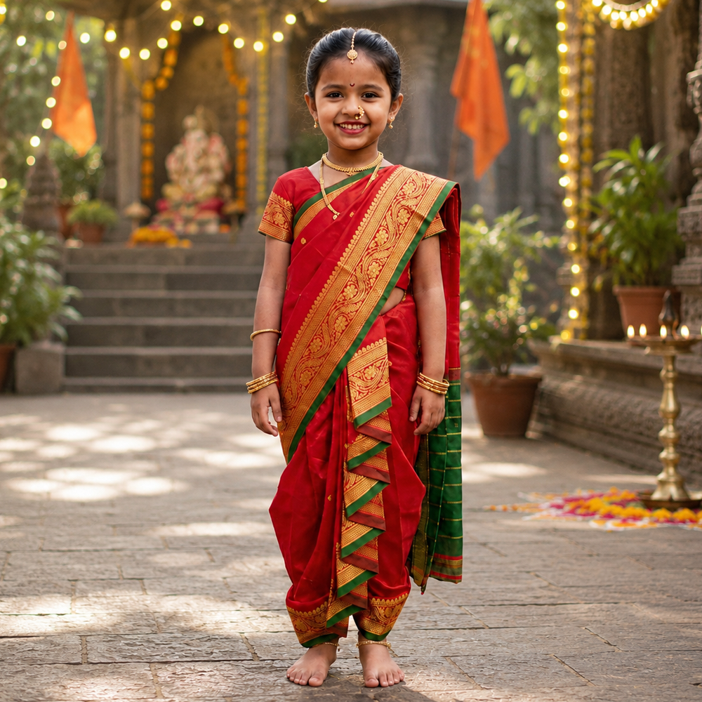 Red kids Nauvari saree for baby girls, festive Maharashtrian traditional wear for weddings and functions