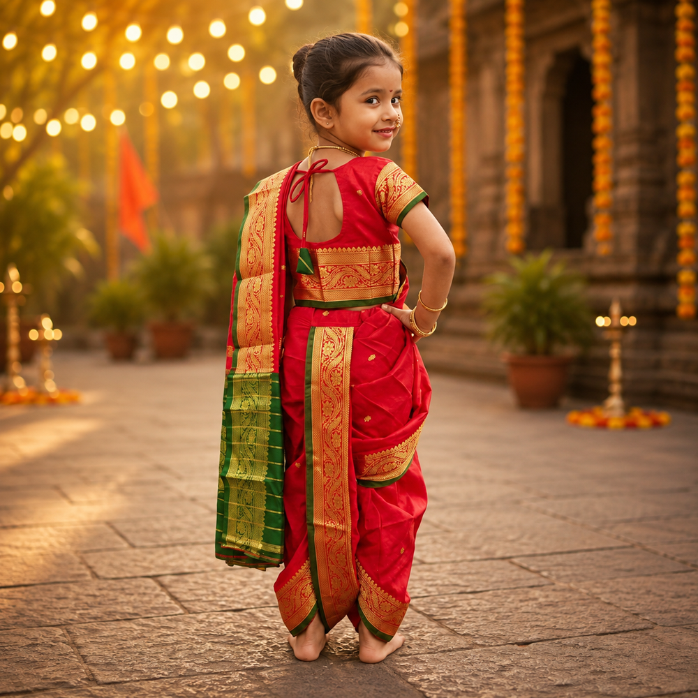 Back view of red Nauvari saree for kids showing traditional nine-yard Maharashtrian drape