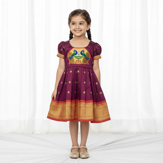 Maroon Paithani Frock for Baby Girls | Traditional Paithani Dress for Festivals
