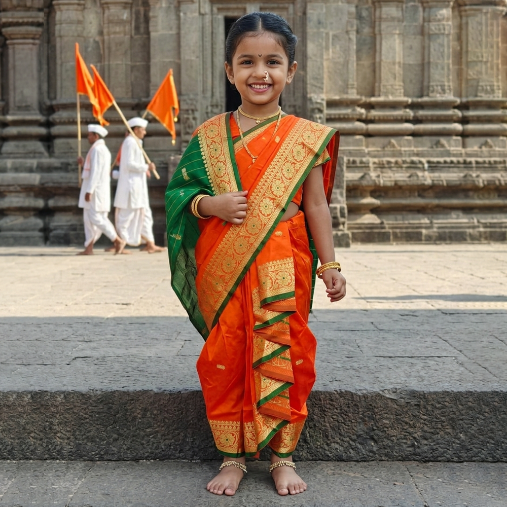 Orange kids Nauvari saree for Ashadhi Ekadashi by Pakharooo, sizes 9 months to 6 years