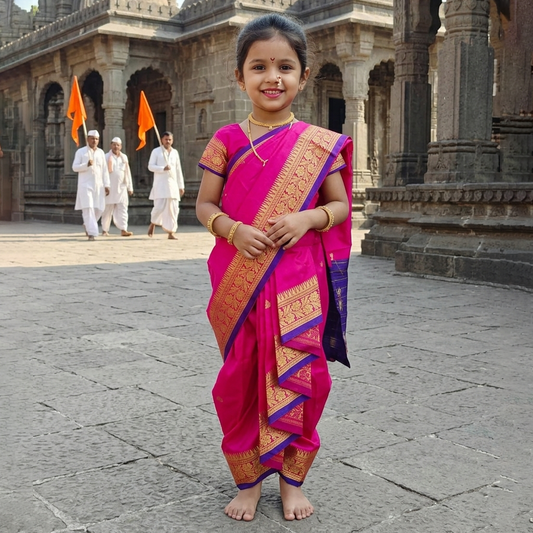 Pink kids Nauvari saree for Ashadhi Ekadashi by Pakharooo, sizes 9 months to 6 years