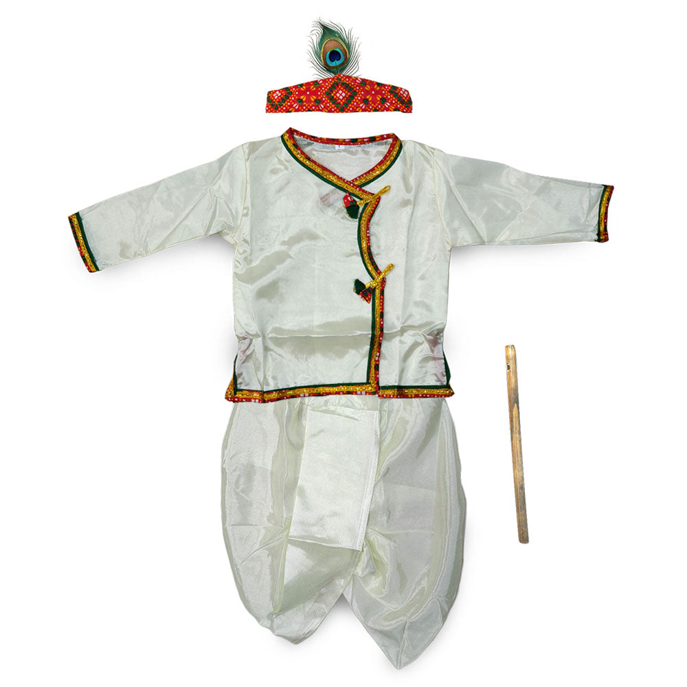 Krishna Silk Kurta Dhoti Set for Baby Boy | White Janmashtami Costume with Morpankh Headband & Flute