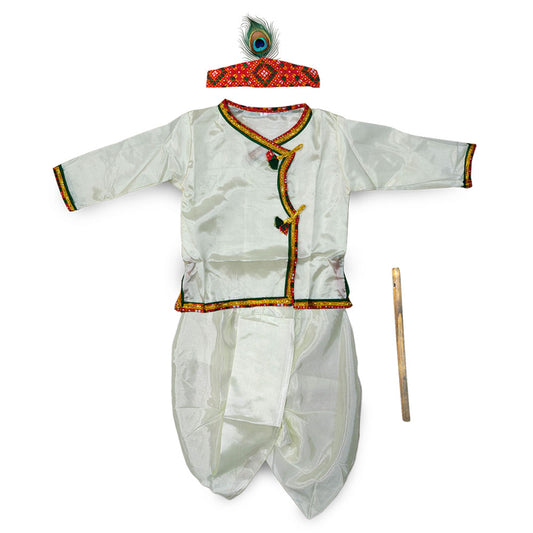 Krishna Silk Kurta Dhoti Set for Baby Boy | White Janmashtami Costume with Morpankh Headband & Flute