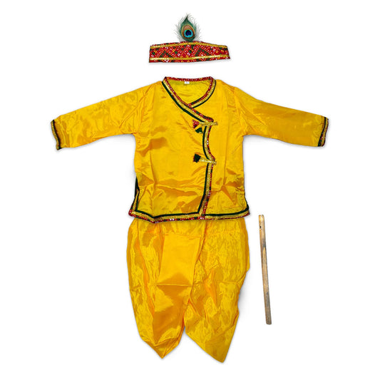 Krishna Silk Kurta Dhoti Set for Baby Boy | Yellow Janmashtami Costume with Morpankh Headband & Flute
