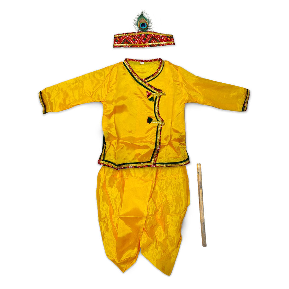 Krishna Silk Kurta Dhoti Set for Baby Boy | Yellow Janmashtami Costume with Morpankh Headband & Flute