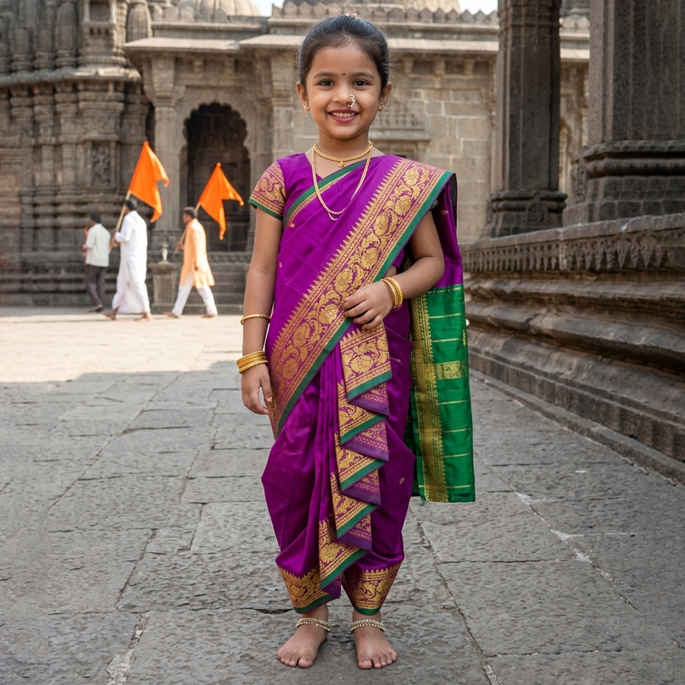 Purple kids Nauvari saree for Ashadhi Ekadashi by Pakharooo, sizes 9 months to 6 years
