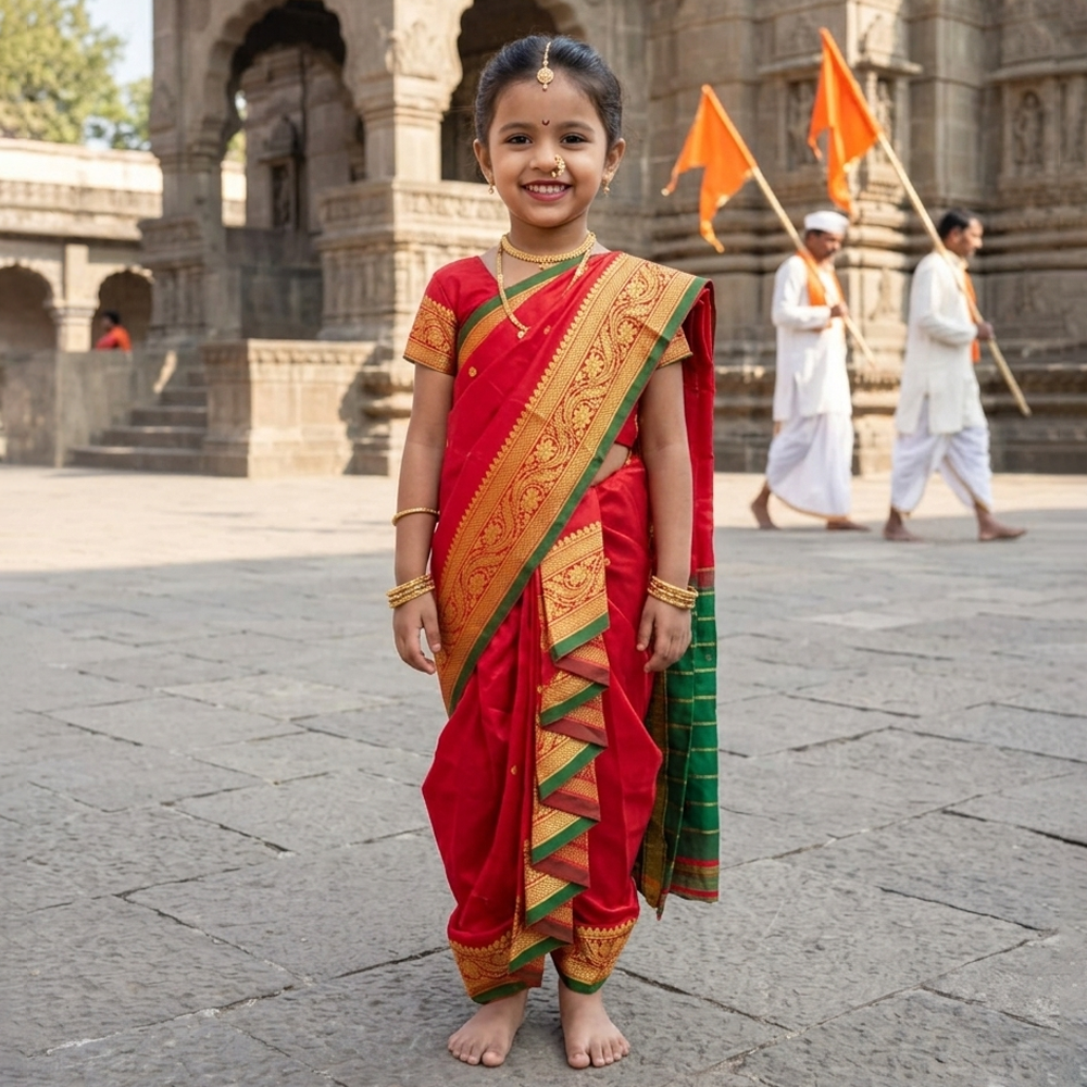 Red kids Nauvari saree for Ashadhi Ekadashi by Pakharooo, sizes 9 months to 6 years