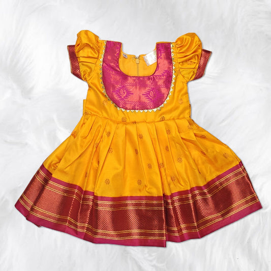 Festive silk traditional dress for girls with matching hairband and booties set.