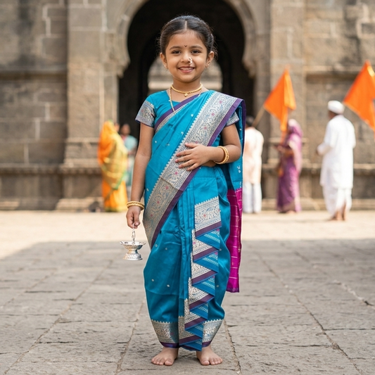 Sky blue kids Nauvari saree for Warkari festival by Pakharooo, sizes 9 months to 6 years